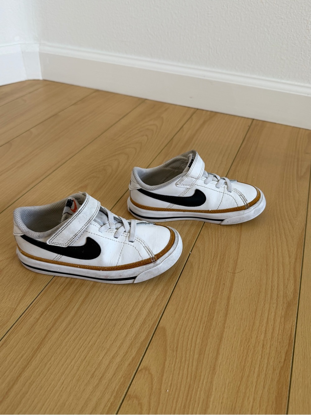 Nike Kids White Court Legacy Sneakers with Black Swoosh and Brown Trim
